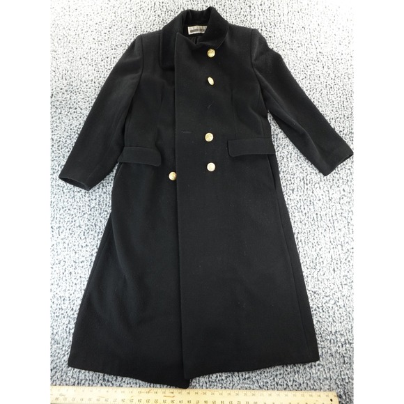 Leslie Fay Wool Long Coat Black Gold Buttons Vintage Military Style Women's 10